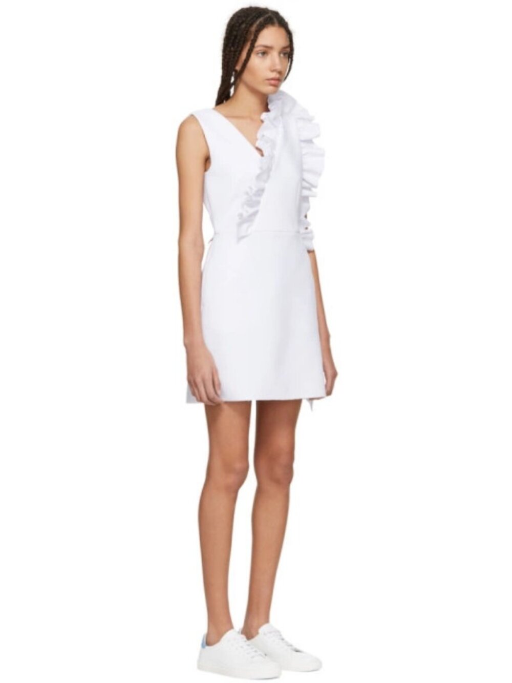 MSGM White Crepe V-Neck Ruffle Trim Mini Sheath Dress, Size 42/M - Picture 3 of 11